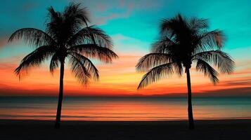 Vibrant tropical beach escape at twilight with palm trees silhouettes photo