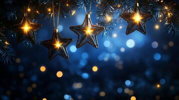 Sparkling star ornaments illuminate a festive, blurred, dark blue backdrop photo