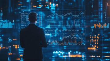 Financial analyst observes market trends using advanced data visualization photo
