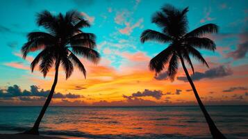 Vibrant tropical beach sunset with silhouetted palm trees and colorful sky photo