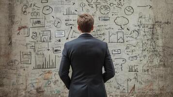 Businessman contemplating complex strategies etched on a textured wall photo