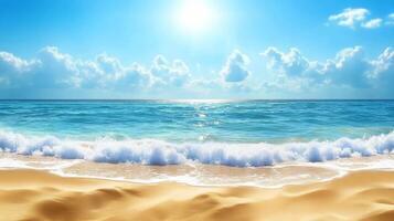 Azure Serenity, A sun-kissed beach with delicate waves and cloudscape photo