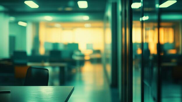 Abstract vision of corporate workspace illuminated with calming teal and gold photo