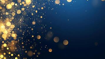Elegant dark blue background with shimmering gold particle effects photo