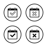 Calendar with check mark and x cross icon on circle line. Date organizer sign symbol vector