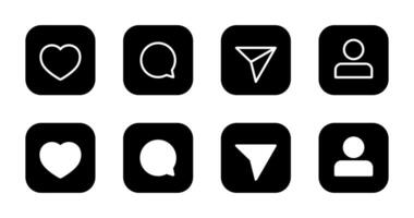 Like, comment, share, and avatar profile icon on black square. Social media communication vector
