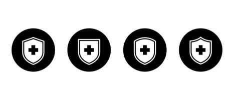 Shield protection icon set on black circle. Health badge with plus cross sign symbol vector