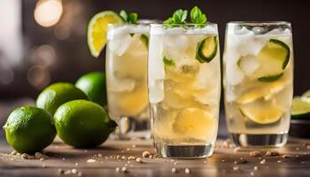 Ginger and lemon beer sparkling fizzy drink in glasses with lime wedges on the side photo