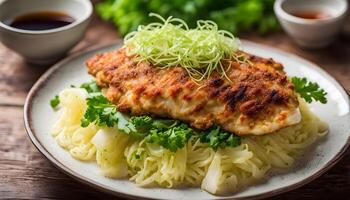 Homemade Japanese Chicken Katsu with Cabbage and Lemon photo