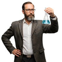 Serious Scientist Holding Blue Liquid Erlenmeyer Flask Science Experiment Lab Man Study Beard png
