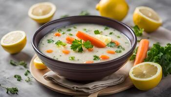 Homemade Healthy Lemon Rice Soup with Carrots and Celery photo