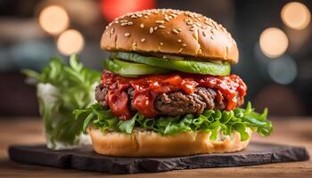 Brioche Smash Double Beef Cheese Burger with tomato sauce and green chilli isolated on table side view of fastfood photo