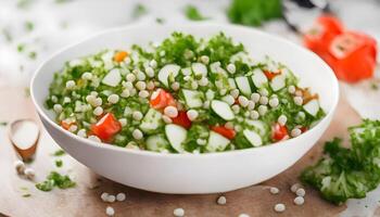 Salad with mung bean, parsley and cucumber in a white bowl on the table. Healthy vegetarian salad. photo
