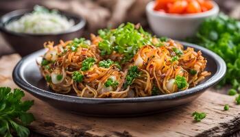 Homemade Fried Vegetable Birds Nests with Onion and Parsley photo