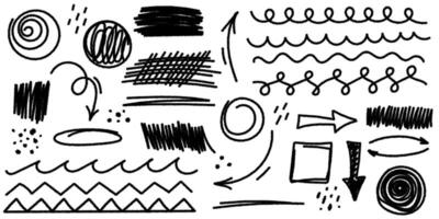 Set of hand drawn abstract shapes. Square, spiral, arrow element shape scribble line brush hand drawn sketch design. Ink or charcoal graphic elements vector