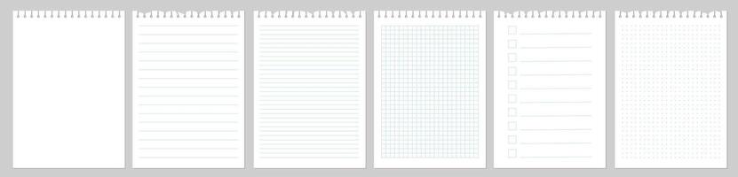 Collection of realistic paper sheets. Blank notebook pages of square and lined paper isolated on gray background vector
