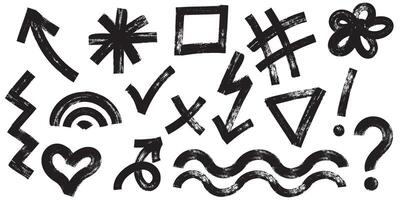 Collection of charcoal graffiti doodle punk and girly shapes. Bold marker brush drawn various doodle elements for templates and collages. vector