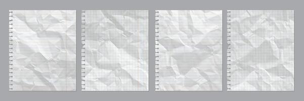 Set of realistic crumpled paper sheets. Blank spages of square and lined paper with wrinkles isolated on gray background vector