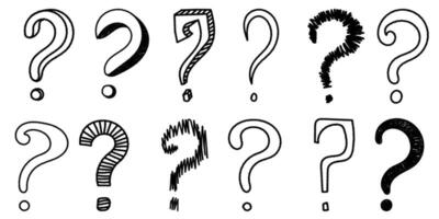 Set of hand drawn doodle question marks icon elements. Ink or charcoal graphic elements vector