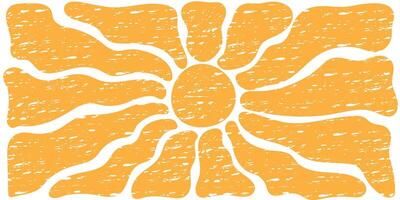 Sunny horizontal background. Sun burst abstract retro poster in naive style. Seventies, groovy textured background. Hippie Aesthetic vector