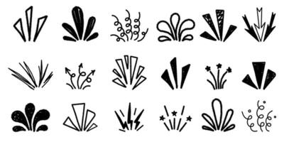 Set of hand drawn Surprise explosion beam line icon elements. Round corner shine. Sunburst sparkle line frame for title headline illustration. Ink or charcoal graphic elements vector
