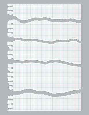Torn Realistic notebook squared paper sheet. Illustration of torn blank page with uneven texture edges. Damaged letter, document mockup.