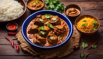 Mutton Rogan Josh or mutton karahi, mutton korma and mutton curry served in a dish isolated on table background top view of bangladesh food photo