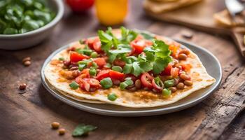 Homemade Open Faced Quesadilla Cheese Crisp with Tomato and Beans photo
