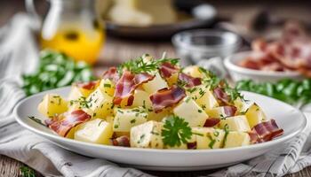 German Potato Salad with bacon and herbs in a white plate photo