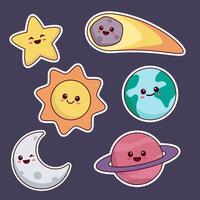 Cute kawaii space objects, smiling planets, moon, sun, star, comet. Set of simple cartoon style illustrations. vector