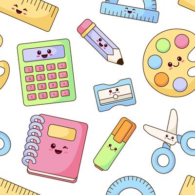 Stationery, school supplies, items seamless pattern, background. Simple cute kawaii cartoon style illustrations, drawings