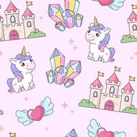 Magic, fantasy, fairy tale objects seamless pattern, background. Castle, unicorn, crystals, heart kawaii illustrations in a comic, cartoon style. vector