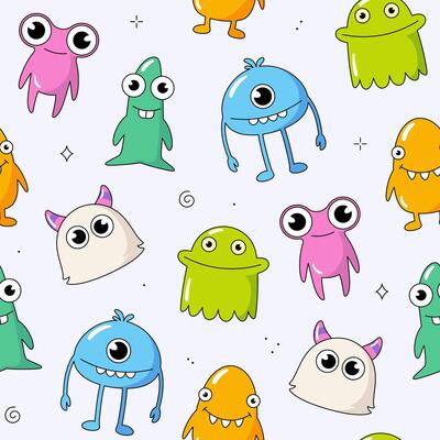 Cute comic cartoon stytle monsters seamless pattern, background. Funny monster characters, kids, children illustrations
