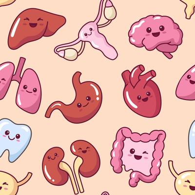Cute kawaii internal organs seamless pattern, background. Inners in a cartoon comic style, simple kids drawings