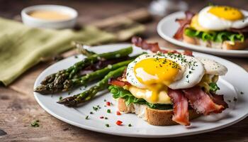 Sandwiches with bacon and poached egg. Served with hollandaise sauce and asparagus photo