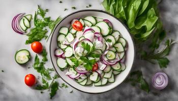 Cucumber salad with dill, red onion and greek yogurt dressing in a bowl on a light concrete background. Selective focus, top view photo