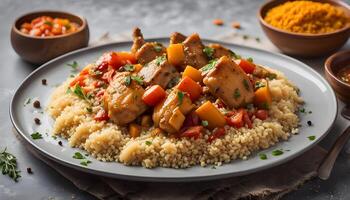 Chicken stew with pumpkin, carrots, tomatoes, spices and garlic, served with couscous on a ceramic plate. Moroccan food, Maghreb cuisine. Chicken with vegetables and couscous on a gray table top view photo