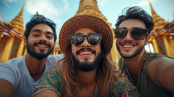 three men taking a selfie in front of a temple photo