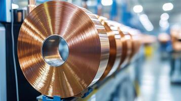 copper coil on a conveyor belt in a factory photo