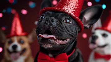 group of happy dogs of various breeds in a studio, all wearing festive accessories like hats and bow ties, confetti raining down photo