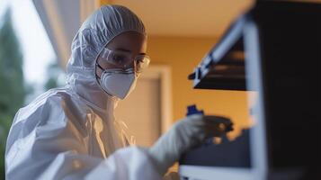 female forensic scientist wearing a hazmat suit hile working at a crime scene. photo