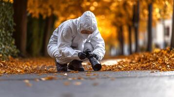 a man in a white suit crouches down on the ground with a camera photo