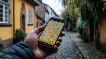 a person holding a smartphone in front of a yellow building photo