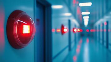 a hallway with red lights on the wall photo