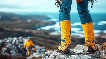 close up of unrecognizable climber on a rock in coastline photo