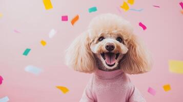 jubilant poodle wearing a sparkly party outfit, surrounded by a whirlwind of colorful confetti in a pink studio setting background photo