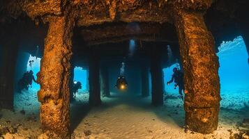 divers exploring the underwater ruins of an ancient port photo
