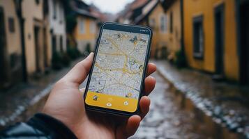 a person holding a smartphone with a map on it photo