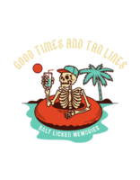 skeleton on a beach with palm trees and a drink png