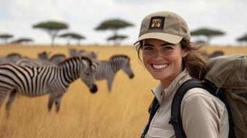 woman wearing a safari hat and backpack smiling with zebra in the golden savannah photo
